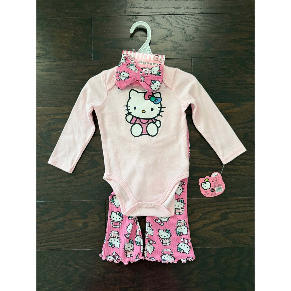 Hello Kitty Baby Girls 3PC Set Bodysuit Flare Pants Headband Pink 12M New